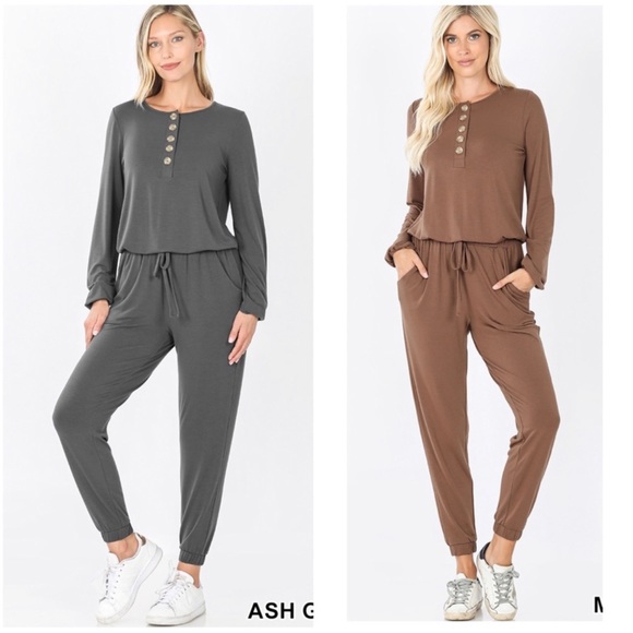 Pants - Long sleeve jumpsuit in mocha or ash gray